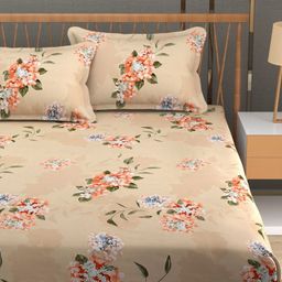 MallowWorld Beige & Orange Floral 200 TC King Bedsheet with 2 Pillow Covers-image-48