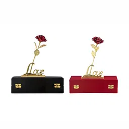 INTERNATIONAL GIFT Red & Gold toned 2Pcs Rose Flower With Love Shape Stand Home Gifts sets-32
