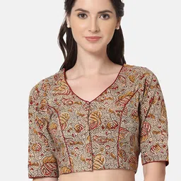 THE WEAVE TRAVELLER Women Beige Block Printed Cotton Saree Blouse-image-68