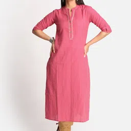 Earthwear Women Pink Cotton Striped Thread Work Kurta-picture-46