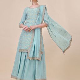 Seerat Ethnic Motifs Woven Design Jacquard Straight Kurta With Chinon Sharara And Dupatta-picture-21