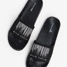 Bewakoof Men Black & White Wild Child Printed Sliders-image-8