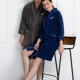 Nautica Pack Of 2 Dark-Grey & Navy Blue Solid Cotton Bath Robe-picture-6