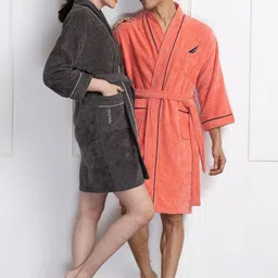 Nautica Pack Of 2 Grey & Orange Solid Bath Robe-1