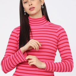 Tokyo Talkies Women Pink & Red Striped Turtle Neck Acrylic Pullover Sweater-image-18