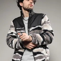 Campus Sutra Abstract Self Design Windcheater Faux Fur Trim Tailored Jacket-19