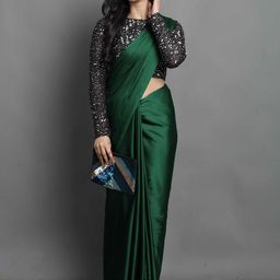 KALINI Green Satin Saree With Sequinned Blouse Piece-24