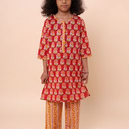 Sangria Kids-Girls Ethnic Motifs Printed Pure Cotton A-Line Kurta With Trouser Set-27