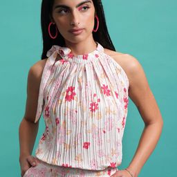 Tokyo Talkies Pink Floral Printed High Neck Top With Shorts-image-89