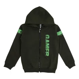 earth conscious Boys Olive Green Typography Printed Fleece Hooded Bomber Jacket-15