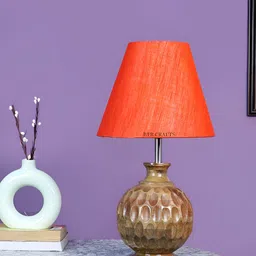BTR CRAFTS Red & Brown Textured Frustum Shaped Wooden Table Lamp with Adjustable Cord-1