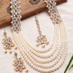 ZENEME White Gold-Toned Kundan & Pearl Beaded Multi-Stranded Jewellery Set-image-28