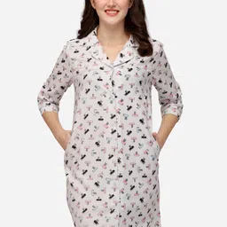 Soie White Printed Knee Length Nightdress-image-79