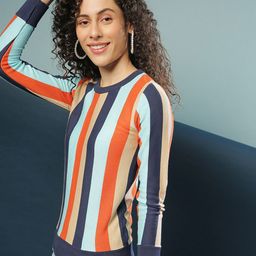 Campus Sutra Women Orange & Blue Striped Pullover-image-28