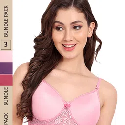 FIMS Pack of 3 Floral Lightly Cotton Padded Lace Bra-image-35