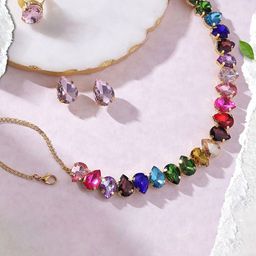 ORANGENYSHA 18K Gold Plated American Diamond Studded Jewellery Set-image-17