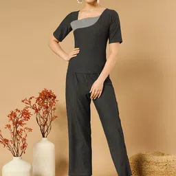 WoowZerz Ribbed Square Neck Knitted Top With Trousers-image-26