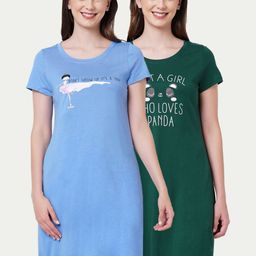 Soie Pack Of 2 Blue Green Printed Knee Length Nightdress-image-18
