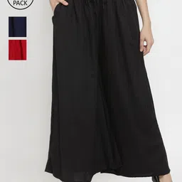 Clora Creation Women Black & Red Set Of 3 Flared Knitted Palazzos-26