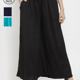 Clora Creation Women Black & Navy Blue Pack Of 3 Flared Knitted Palazzos-image-19