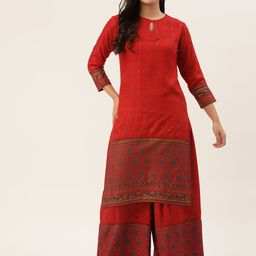 HERE&NOW Women Red Ethnic Motifs Printed Kurta with Palazzos-image-93