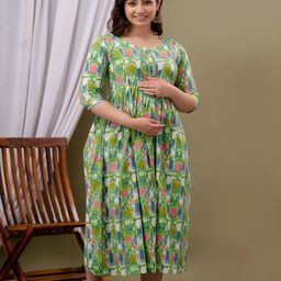 Fasnesio Floral Printed Round Neck Cotton Anarkali Maternity Kurta-image-10