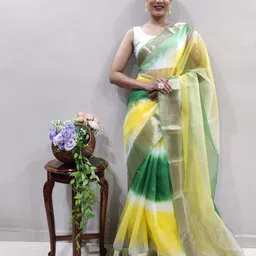 KALINI Tie and Dye Zari Organza Leheriya Saree-image-53