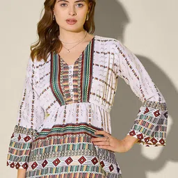 QIOA Tribal Printed Flared Sleeves Crepe Longline Top-picture-13