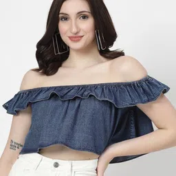 COSMIC TRIO Off-Shoulder Ruffles Cotton Denim Bardot Crop Top-image-80