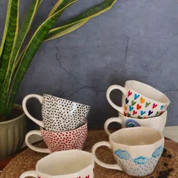 WEAVING HOMES Beige & Red 6 Pieces Printed Ceramic Glossy Mugs 220ml Each-picture-20