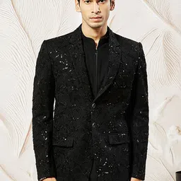 VASTRAMAY Slim-Fit Embroidered Sequinned Georgette Single Breasted Blazer-image-61