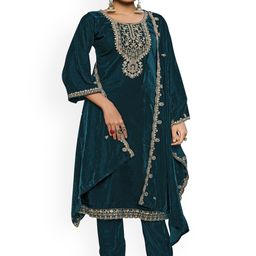 DRAVINAM Trends Floral Embroidered Zari Work Velvet Unstitched Dress Material-image-89