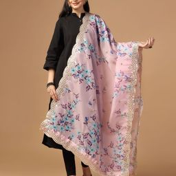 Kaizen TEXO FAB Floral Printed Mirror Work Organza Dupatta-87