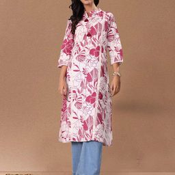 Varanga Floral Printed Mandarin Collar Screen Print Cotton Straight Kurta-image-62