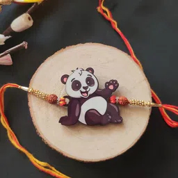 Bhai Please Panda Rudraksha Beaded Wooden Thread Rakhi-18