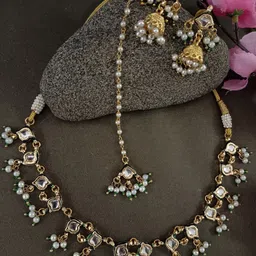 Sanjog Gold-Plated Kundan-Studded Green Meenakari Pearl Brass Jewellery Set-picture-29