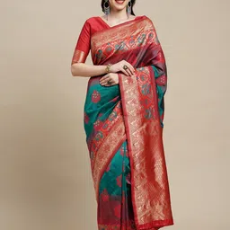 Mitera Ethnic Motifs Zari Silk Blend Kanjeevaram Saree-image-31