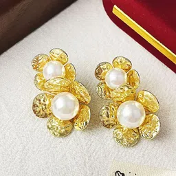Anouk Gold Plated Pearls Beaded Floral Shaped Korean Drop Earrings image 4