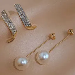 Celestique Korean American Diamond Studded Contemporary Shaped Drop Earrings-image-27