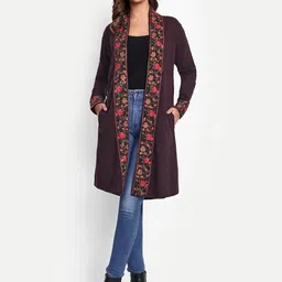 HAUTEMODA Embroidered Longline Open Front Woollen Shrug-10