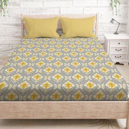 MAYFAIR HOMES LONDON Grey & Yellow Ethnic Motifs Queen Bedsheet with 2 Pillow Covers-image-74