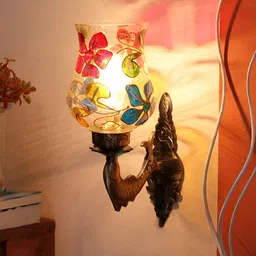 Devansh Gold-Toned & Red Textured Metal Traditional Wall Lamp-3