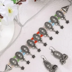 Sangria Silver Plated Artificial Beads Choke Oxidized Necklace with Jhumka Earrings-picture-28