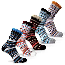 Sockscarving Men Pack Of 5 Striped Cotton Breathable Calf Length Socks-40