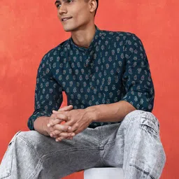 Sangria Men Comfort Fit Band Collar Floral Printed Cotton Casual Shirt-image-86