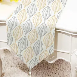 STITCHNEST Yellow & Grey Floral Printed Tasseled Table Runner-1