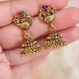 MADDY SPACE Set Of 4 Gold-Plated Artificial Stones Studded & Beaded Dome Shaped Jhumkas image 2