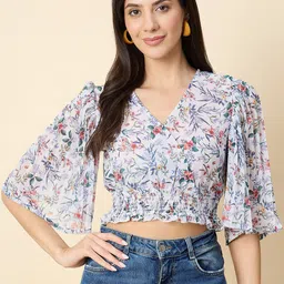 HERE&NOW Women Floral Printed Flared Sleeves Smocked Detail Wrap Crop Top-picture-30