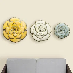 vedas Mystic Indiana 3Pcs Yellow & White Textured Metal Royal Flower Wall Decors-picture-5
