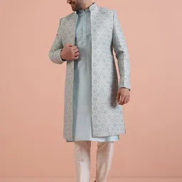 KISAH Men Self Design Geometric Mandarin Collar Indowestern Sherwani Set-image-78